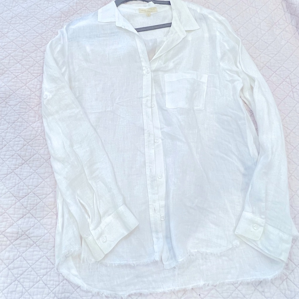 Side stitch womens linen white button down